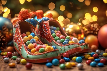 Festive elf shoes filled with colorful candy