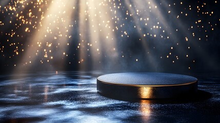 Dark Platform Illuminated by Golden Lights and Sparks