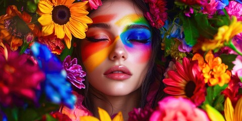 Woman with rainbow colored makeup is surrounded by flowers