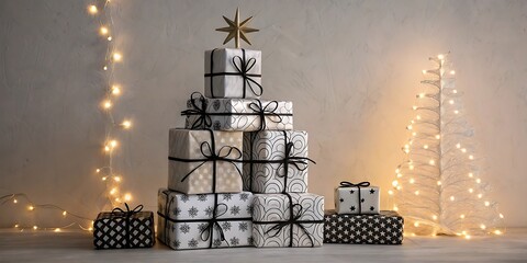 Elegant christmas gift stack with black and white wrapping paper and bows, illuminated by warm fairy lights, featuring a golden star topper and minimalist holiday decor background