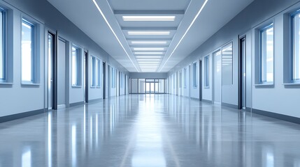 Empty, modern, bright hallway with reflective floor, windows, and doors.