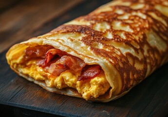 Delicious Breakfast Crepe Filled with Scrambled Eggs and Crispy Bacon Wrapped in a Golden Brown Crepe on Dark Wood Surface
