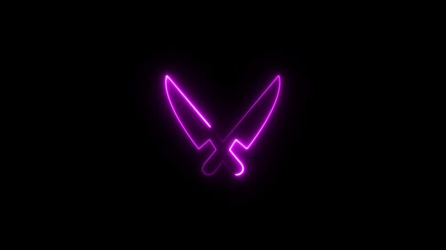 neon line Black crossed knives. BBQ and grill tools. Barbeque cutlery. Kitchen utensil. Party, cuisine, cookery sign. Vector illustration isolated on black.