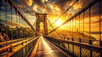 Fototapeta premium Vintage Sun Rays Illuminate Suspension Bridge - Stock Photo