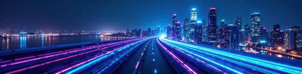 Obraz premium Futuristic cityscape with neon blue light stripe background, cityscape, technology, blue light