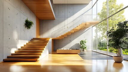Modern, spacious entryway with wooden staircase, concrete walls, and large windows overlooking a garden. Sunlight streams in, highlighting the natural wood and sleek design..