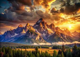 Fototapeta premium Vintage Sunrise Mountain Range Panorama: Majestic Peaks Glowing at Dawn
