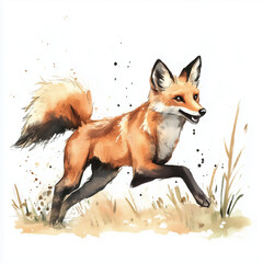Obraz premium Illustration of the Maned Wolf running towards through savannah, soft watercolor tones, white background, detailed illustration, cartoonish.