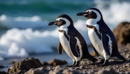Obraz premium Penguins standing together on a rock with waves in the background