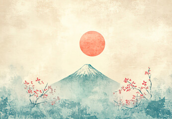 illustration of the sun rising behind Mount Fuji, featuring Japanese patterns and elements in traditional colors