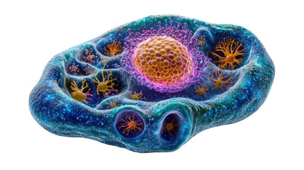 A detailed 3D representation of a cell with a visible nucleus, Golgi apparatus, and mitochondria, labeled with clean lines on a bright white background,