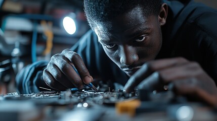Technician focuses on intricate computer repair with precision tools