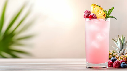 Refreshing pink raspberry pineapple cocktail on beach background, summer drinks menu.
