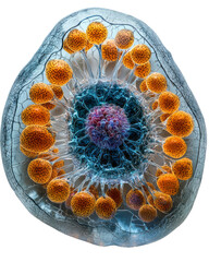 A detailed 3D representation of a cell with a visible nucleus, Golgi apparatus, and mitochondria, labeled with clean lines on a bright white background,