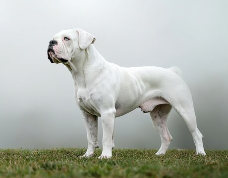 Majestic White American Bulldog Poses in Misty Meadow