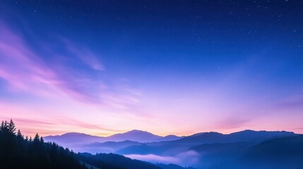 Serene Twilight Landscape with Misty Mountains and Starry Sky