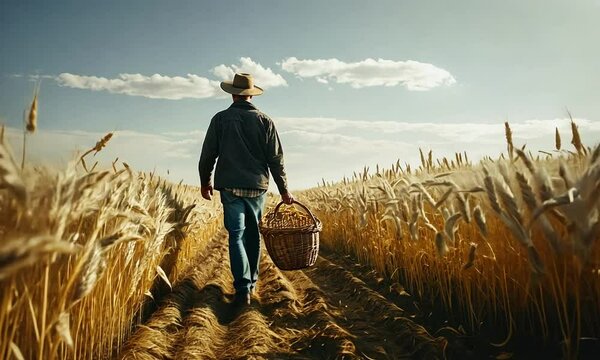 Farmer harvesting wheat in golden field under sunny sky