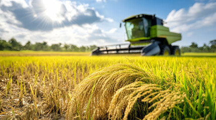 Fototapeta premium Rice harvest Combine harvesting golden rice paddy field under sunny sky.