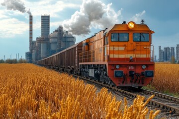 A freight train moves through golden fields while industrial smoke rises in the background. Generative AI