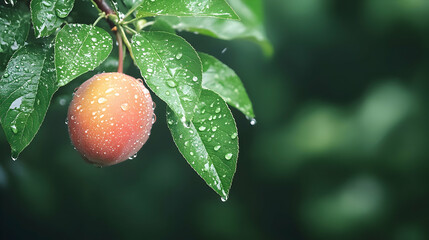 Fototapeta premium Ripe apricot on branch after rain, orchard background, fresh fruit, food blog.