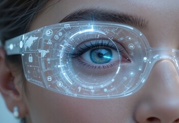 Close-up of a woman's eye with futuristic augmented reality glasses displaying digital interfaces.