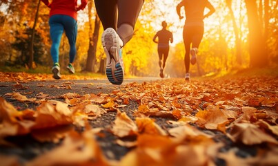 Runners jogging on autumn park path with fallen leaves at sunset