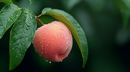 Ripe Peach on Branch, Rain, Orchard, Green Leaves, Food Blog.