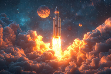 A cartoon-style 3D rocket launching into a starry sky with fluffy clouds and glowing planets,