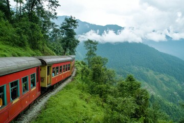 Obraz premium A brightly colored train winds along the mountainside surrounded by greenery and clouds. Generative AI