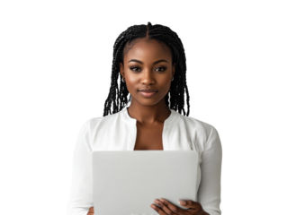 Young woman holding tablet with confidence indoors