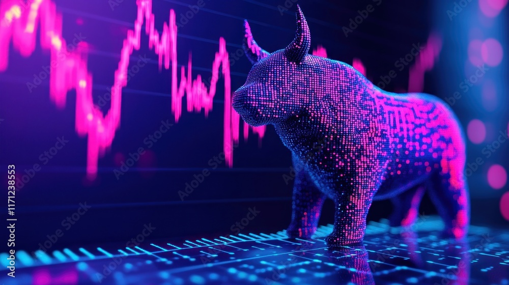 Poster a digital bull statue against a backdrop of fluctuating stock market graphs.