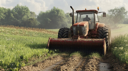 a tractor cutting on his farm during mid-day with a eye-level angle seen from backside 