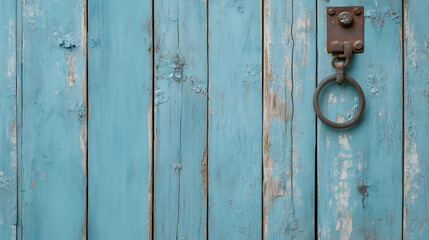 Rustic Blue Wooden Door, Old Metal Ring Handle, Weathered Texture, Background Blur, Design Element.