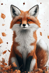 Fototapeta premium Fun and simple fox illustrations with bushy tails, scattered with tiny leaf and acorn patterns on a bright white background,