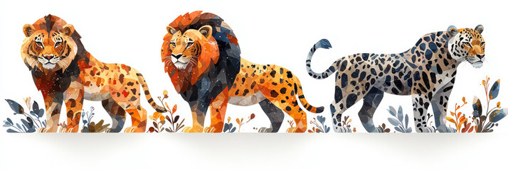 A playful lineup of a lion, tiger, and cheetah, each stylized with unique patterns and earthy tones, on a white background,