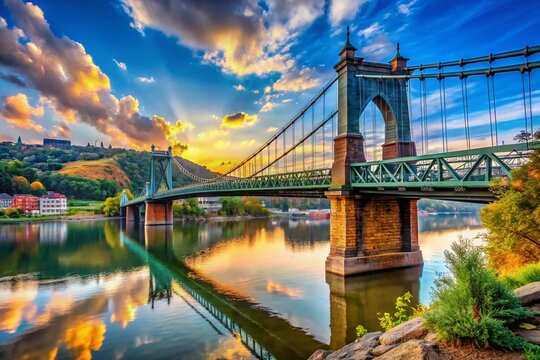 Wheeling Suspension Bridge West Virginia - Majestic River Crossing Stock Photo