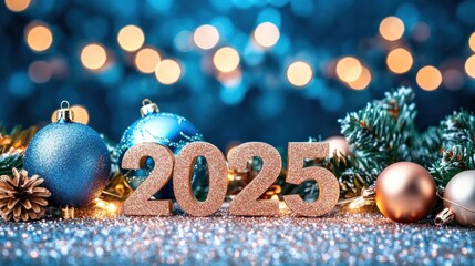 Sparkling 2025 New Year's Eve celebration with ornaments.