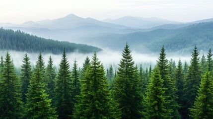 Fototapeta premium Lush green trees rise from the mist as fog drapes the mountains, creating a serene and tranquil atmosphere during sunrise