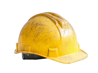 Worn yellow hard hat on a white background