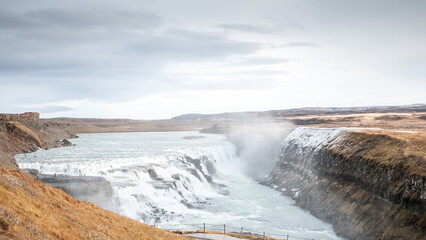 Gullfoss in October's scenery. Iceland's Most Popular Waterfall