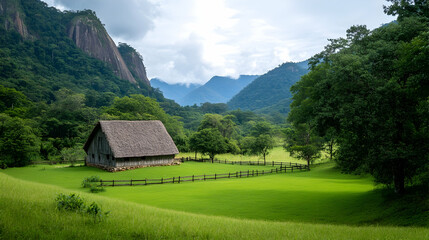 Obraz premium Serene mountain valley hut, green pasture, scenic background, tranquil escape.