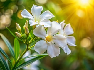 Fototapeta premium White Oleander Flower Close-Up, Right Composition, Copy Space - Stock Photo