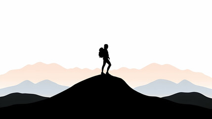 Silhouette hiker summit mountain range sunrise travel poster.