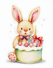 Fototapeta premium Watercolor vintage cute plush rabbit toy, birthday cake with candle and present gift box isolated on white background. Hand drawn illustration sketch, graphic novel art