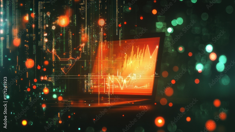 Poster A digital laptop displaying data visualizations and graphs in an abstract environment.