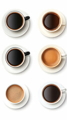 Six Cups of Coffee Variations on White Background for Menu Design.