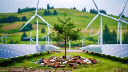 Tree is planted in a field next to a wind farm
