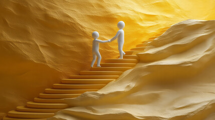 Helping Hand: A minimalist 3D design showing a golden figure pulling another up from a lower step of a golden staircase, emphasizing leadership and mentorship,