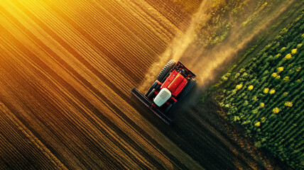 a tractor cutting on his farm during mid-day with a birds eye view seen from frontside 