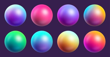 Set of colorful gradient spheres with vibrant and vivid glossy finish for creative digital artwork designs. Colorful polished spheres set with blurred colors for creative projects. Vector illustration